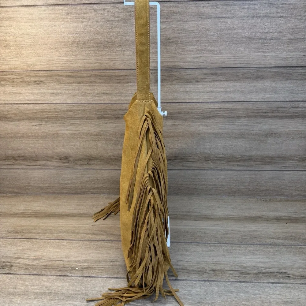 Divina Firenze Suede Fringe Hobo Bag Italian Leather Slouchy Boho Tote Tan